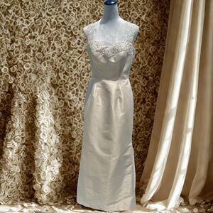 Theia Couture Wedding Dress 10 Ivory Satin Beaded Lace Illusion Neckline Mermaid